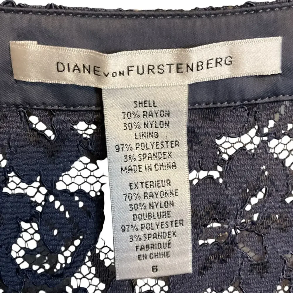 Diane Von Furstenberg Navy Blue Lace Blouse Women's Sz 6 Scallop‎ Hem 3/4 Sleeve - Picture 6 of 8